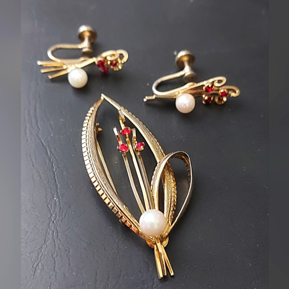 Emby Brooch and Earrings, 40's Brooch and Earring Set, Gold Over Sterling Silver